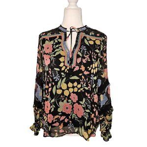 Hale Bob Size Small Georgette Bohemian Blouse Top Balloon Sleeve V Neck Tie